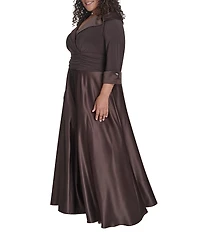 Jessica Howard Plus Size Portrait Collar V-Neck 3/4 Sleeve Rhinestone Cuff Ruched Waist Satin Gown
