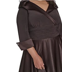 Jessica Howard Plus Size Portrait Collar V-Neck 3/4 Sleeve Rhinestone Cuff Ruched Waist Satin Gown