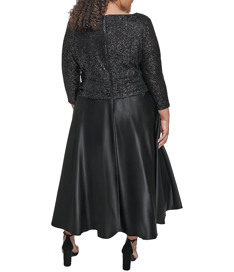 Jessica Howard Plus Size Satin 3/4 Sleeve Sequin Party Midi Dress