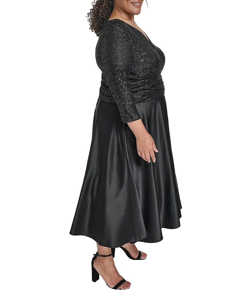 Jessica Howard Plus Size Satin 3/4 Sleeve Sequin Party Midi Dress