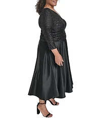 Jessica Howard Plus Size Satin 3/4 Sleeve Sequin Party Midi Dress