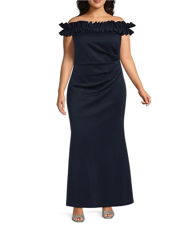 Jessica Howard Plus Size Scuba Sleeveless Ruffle Off-The-Shoulder Gown