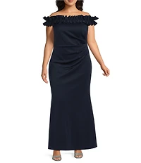 Jessica Howard Plus Size Scuba Sleeveless Ruffle Off-The-Shoulder Gown