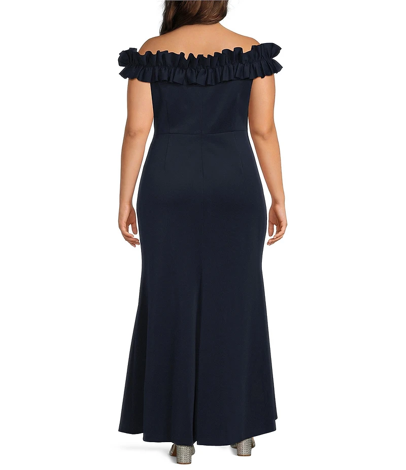 Jessica Howard Plus Size Scuba Sleeveless Ruffle Off-The-Shoulder Gown