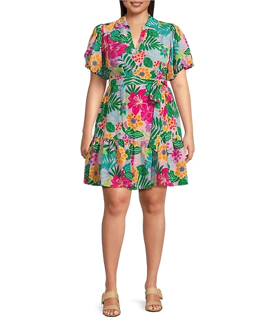 Jessica Howard Plus Size Tropical Floral Short Balloon Sleeve Shirt Dress