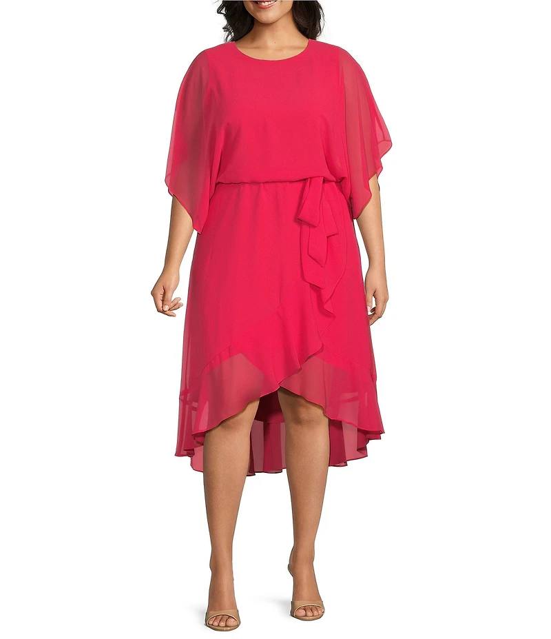 Jessica Howard Plus Size Short Sleeve Chiffon Asymmetrical Blouson Dress