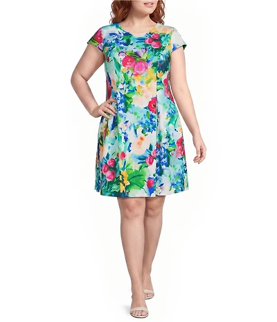 Jessica Howard Plus Size Short Sleeve Floral Print Dress