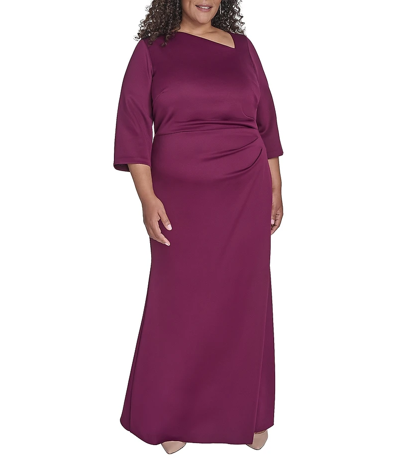 Jessica Howard Plus Size Sleeve 3/4 Sleeve Asymmetrical Neck Bow Shoulder Side Tuck Gown