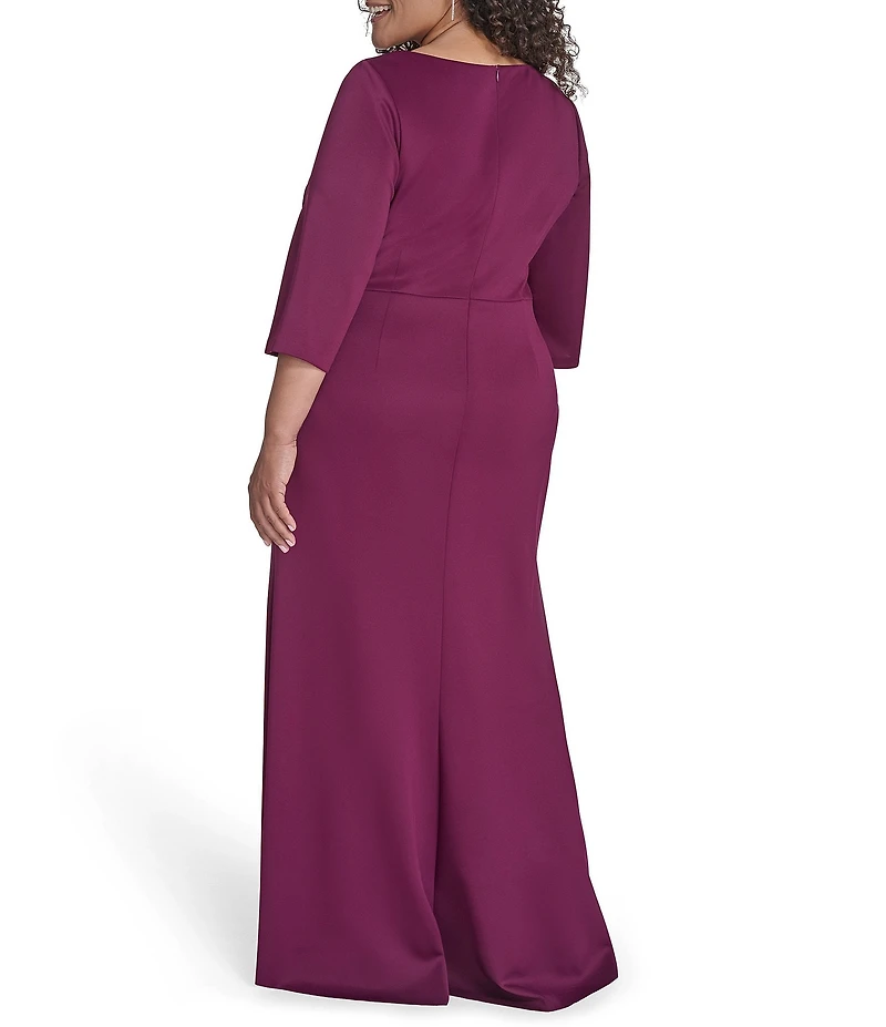 Jessica Howard Plus Size Sleeve 3/4 Sleeve Asymmetrical Neck Bow Shoulder Side Tuck Gown