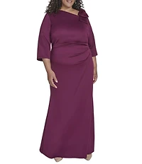 Jessica Howard Plus Size Sleeve 3/4 Sleeve Asymmetrical Neck Bow Shoulder Side Tuck Gown