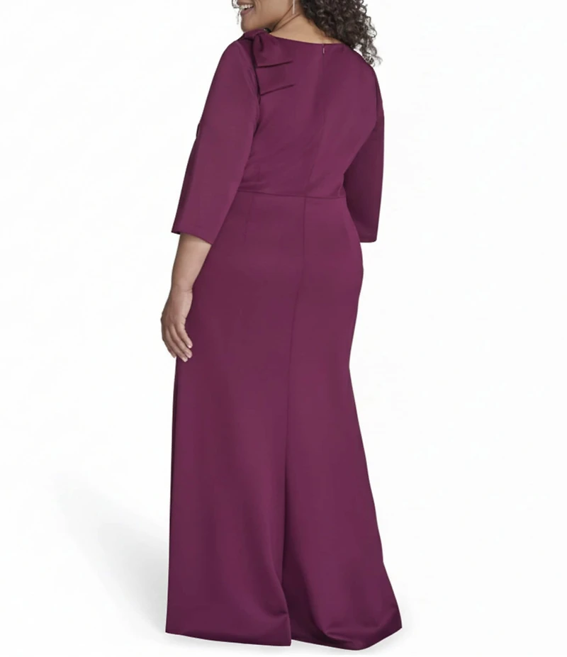 Jessica Howard Plus Size Sleeve 3/4 Sleeve Asymmetrical Neck Bow Shoulder Side Tuck Gown