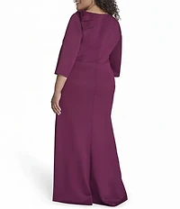 Jessica Howard Plus Size Sleeve 3/4 Sleeve Asymmetrical Neck Bow Shoulder Side Tuck Gown