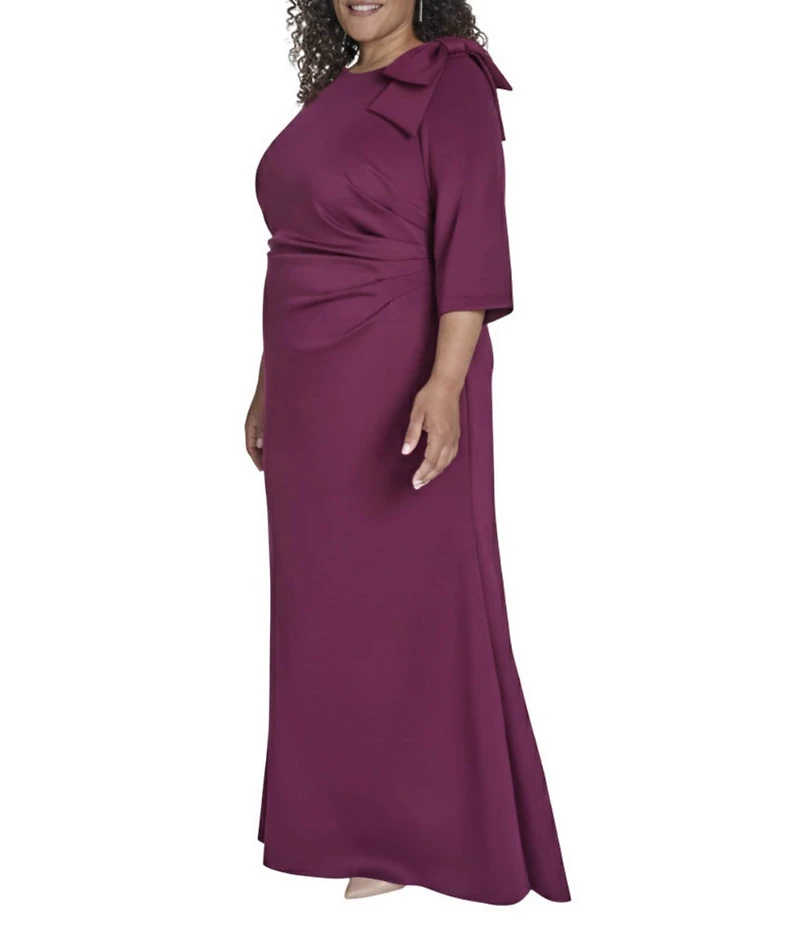 Jessica Howard Plus Size Sleeve 3/4 Sleeve Asymmetrical Neck Bow Shoulder Side Tuck Gown