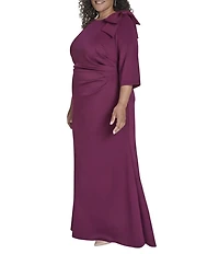Jessica Howard Plus Size Sleeve 3/4 Sleeve Asymmetrical Neck Bow Shoulder Side Tuck Gown