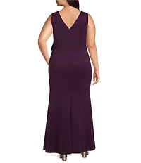 Jessica Howard Plus Size Sleeveless Cascade Ruffle Rosette Detail Long Dress