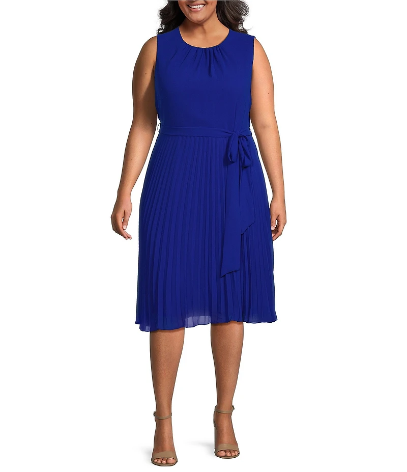 Jessica Howard Plus Size Sleeveless Crew Neck Tie Waist Pleated Midi Dress