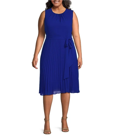 Jessica Howard Plus Size Sleeveless Crew Neck Tie Waist Pleated Midi Dress