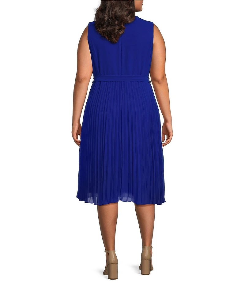 Jessica Howard Plus Size Sleeveless Crew Neck Tie Waist Pleated Midi Dress