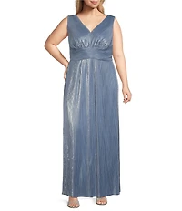 Jessica Howard Plus Size Sleeveless V-Neck Pleated Metallic Knit Gown