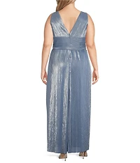 Jessica Howard Plus Size Sleeveless V-Neck Pleated Metallic Knit Gown