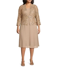 Jessica Howard Plus Size Soutache Chiffon Crew Neck 3/4 Sleeve Embellished Fit & Flare 2-Piece Jacket Dress