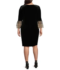 Jessica Howard Plus Size Stretch Velvet Boat Neck 3/4 Sleeve Lace Trim Side Pleat Sheath Dress