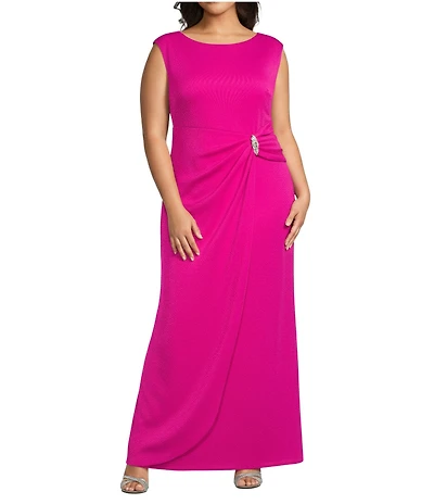 Jessica Howard Plus Size Techno Scuba Beaded Applique Knit Round Neck Cap Sleeve Wrap Front Gown