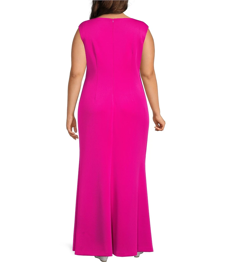 Jessica Howard Plus Size Techno Scuba Beaded Applique Knit Round Neck Cap Sleeve Wrap Front Gown
