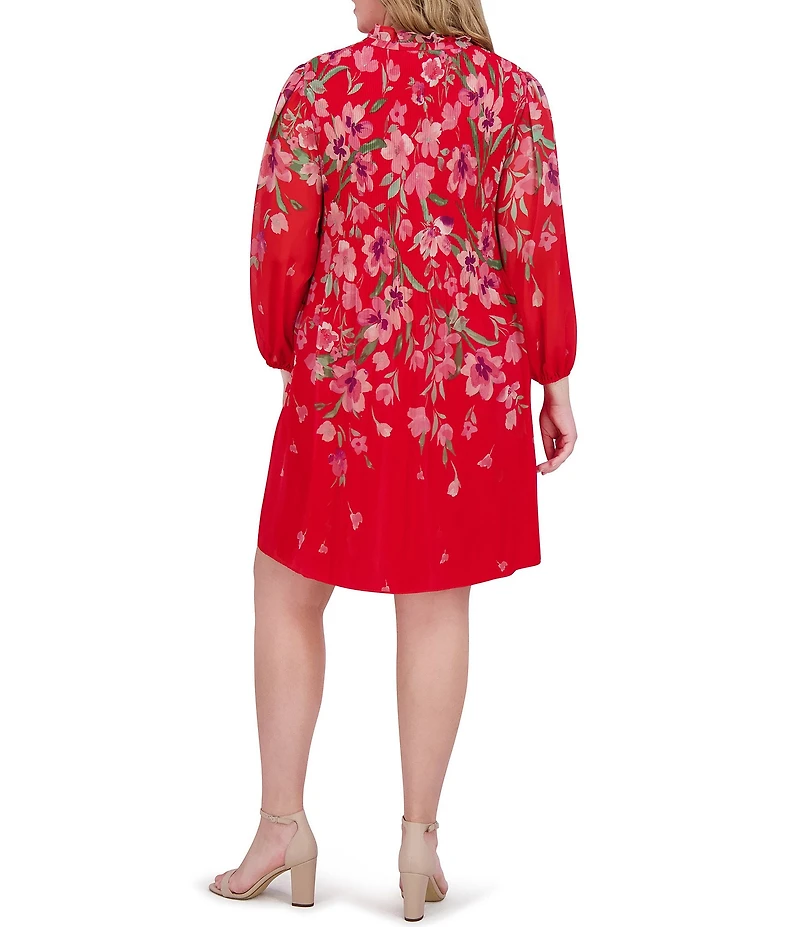 Jessica Howard Plus Size Tie Split Neck Long Balloon Sleeve Pleated Bodice Chiffon Shift Dress