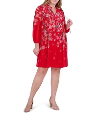 Jessica Howard Plus Size Tie Split Neck Long Balloon Sleeve Pleated Bodice Chiffon Shift Dress