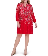 Jessica Howard Plus Size Tie Split Neck Long Balloon Sleeve Pleated Bodice Chiffon Shift Dress