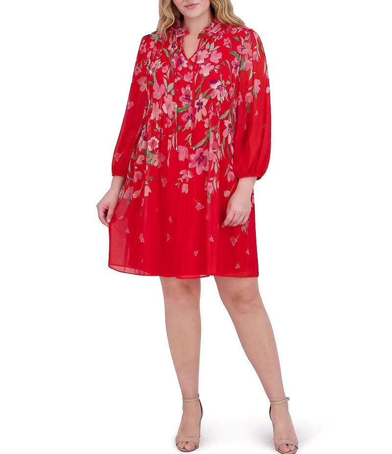 Jessica Howard Plus Size Tie Split Neck Long Balloon Sleeve Pleated Bodice Chiffon Shift Dress