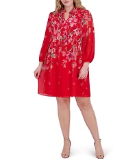 Jessica Howard Plus Size Tie Split Neck Long Balloon Sleeve Pleated Bodice Chiffon Shift Dress