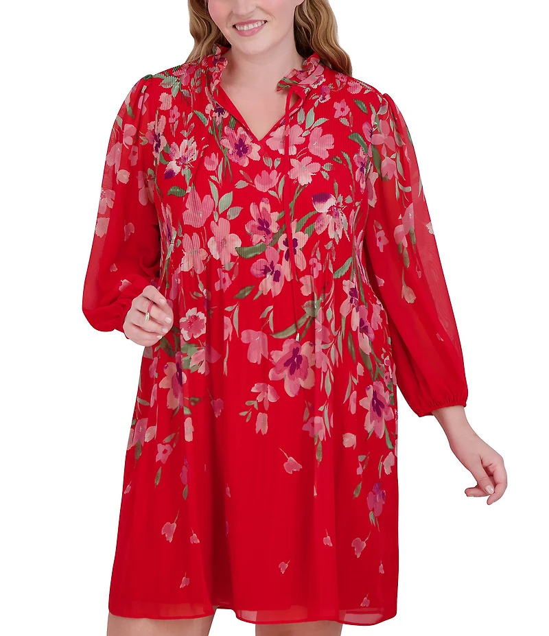 Jessica Howard Plus Size Tie Split Neck Long Balloon Sleeve Pleated Bodice Chiffon Shift Dress