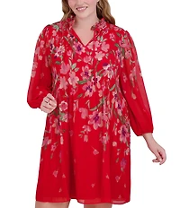 Jessica Howard Plus Size Tie Split Neck Long Balloon Sleeve Pleated Bodice Chiffon Shift Dress