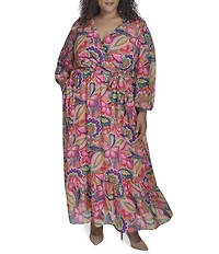 Jessica Howard Plus Size V-Neck 3/4 Sleeve Tie Sash Chiffon Faux Wrap Maxi Dress