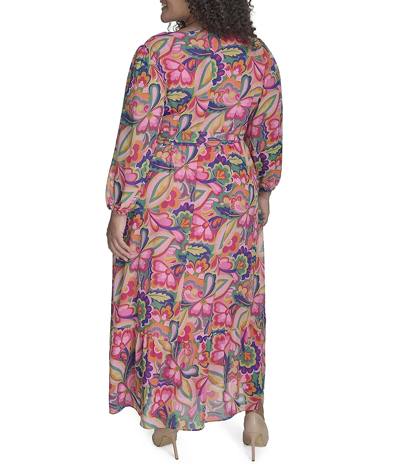 Jessica Howard Plus Size V-Neck 3/4 Sleeve Tie Sash Chiffon Faux Wrap Maxi Dress