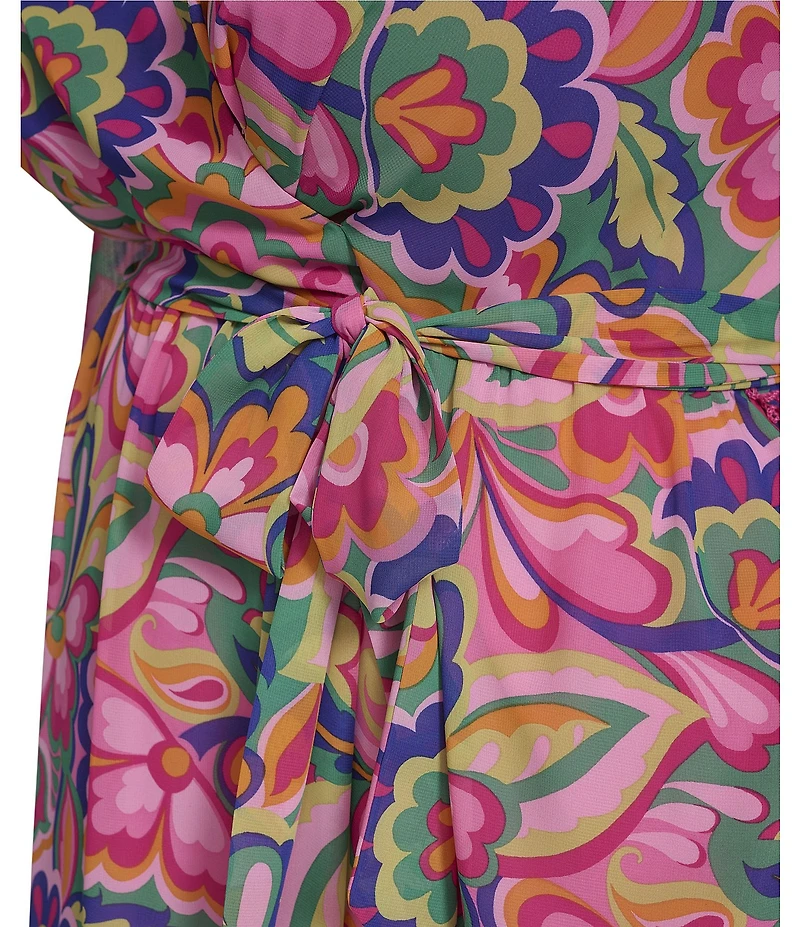 Jessica Howard Plus Size V-Neck 3/4 Sleeve Tie Sash Chiffon Faux Wrap Maxi Dress