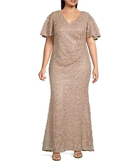 Jessica Howard Plus Size V-Neck Flutter Sleeve Soutache Gown