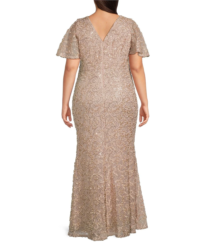 Jessica Howard Plus Size V-Neck Flutter Sleeve Soutache Gown