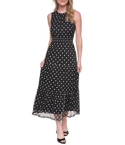Jessica Howard Polka Dot Blouson Smock Waist Tiered Midi Dress