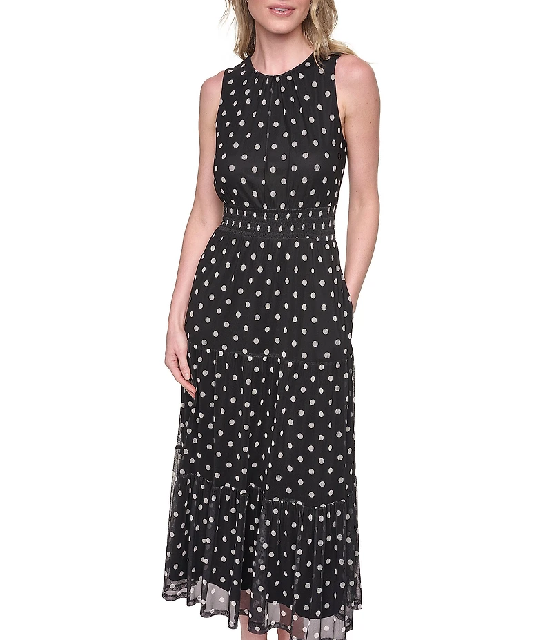 Jessica Howard Polka Dot Blouson Smock Waist Tiered Midi Dress