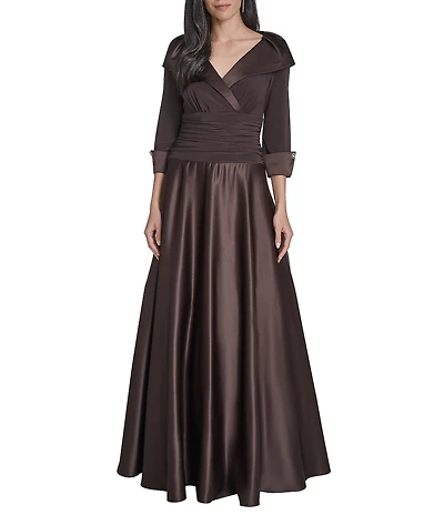 Jessica Howard Portrait Collar V-Neck 3/4 Sleeve Rhinestone Cuff Ruched Waist Satin Gown