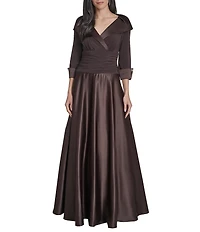 Jessica Howard Portrait Collar V-Neck 3/4 Sleeve Rhinestone Cuff Ruched Waist Satin Gown