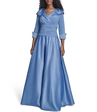 Jessica Howard Portrait Collar V-Neck 3/4 Sleeve Rhinestone Cuff Ruched Waist Satin Gown