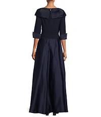 Jessica Howard Portrait Collar V-Neck 3/4 Sleeve Rhinestone Cuff Ruched Waist Satin Gown