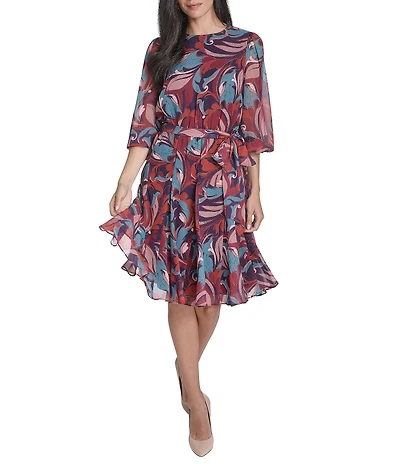 Jessica Howard Printed Chiffon Long Sleeve Fit & Flare Godet Dress