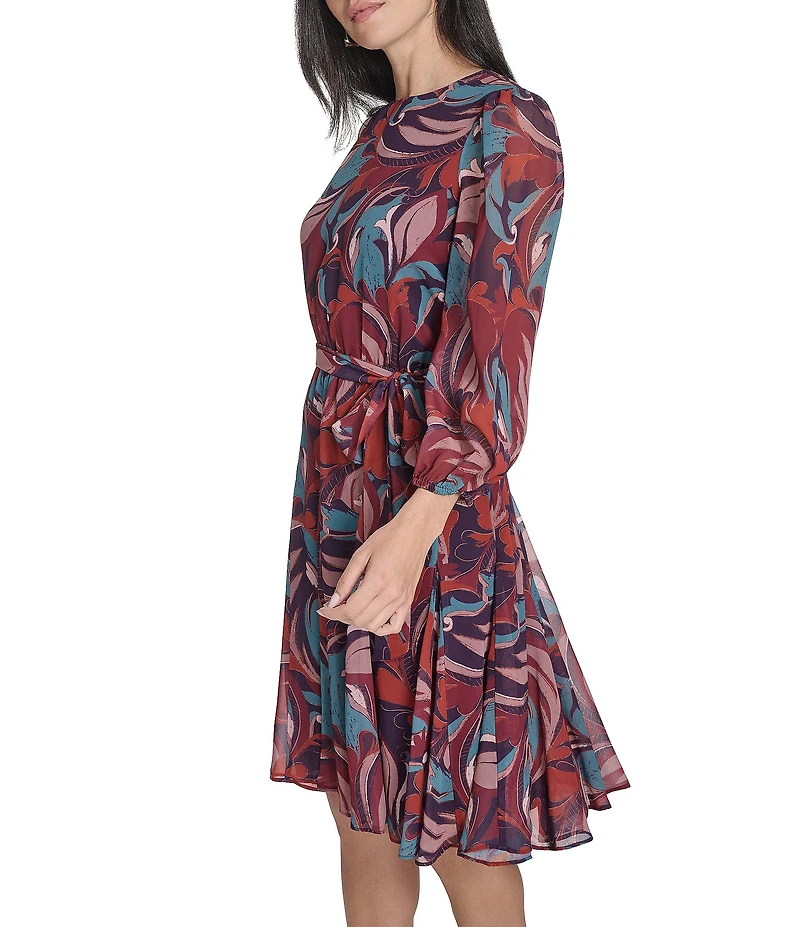 Jessica Howard Printed Chiffon Long Sleeve Fit & Flare Godet Dress