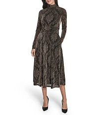 Jessica Howard Printed Metallic Knit Mock Neck Long Sleeve Midi Dress