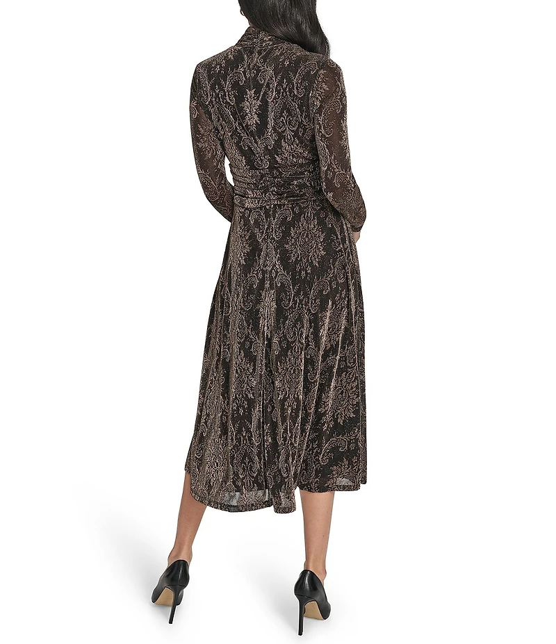 Jessica Howard Printed Metallic Knit Mock Neck Long Sleeve Midi Dress